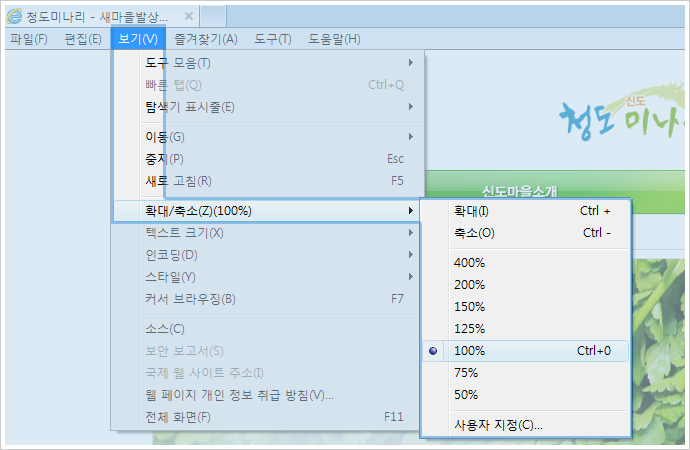 보기>텍스트크기>원하는글자크기선택